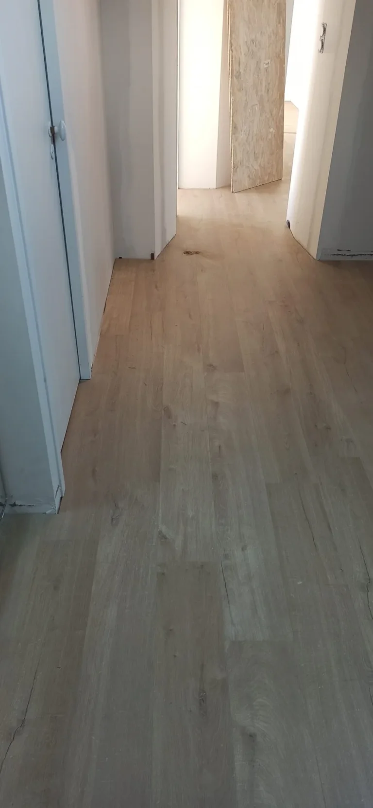 Un couloir au parquet clair mène à plusieurs portes. Les murs sont blancs et un panneau à texture marbrée est visible en arrière-plan.